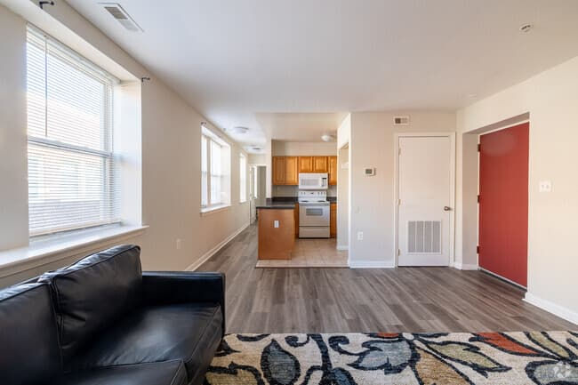 Renovated kitchen and open living area at Parkside Manor