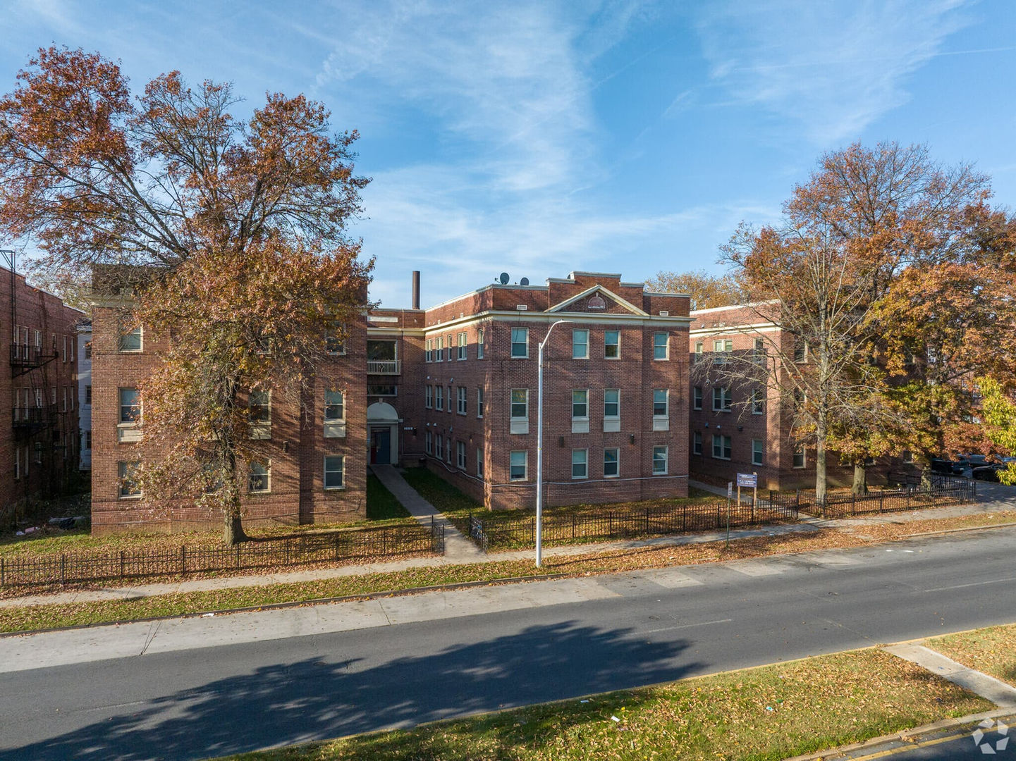Parkside Manor exterior, historic brick apartment building in Baltimore